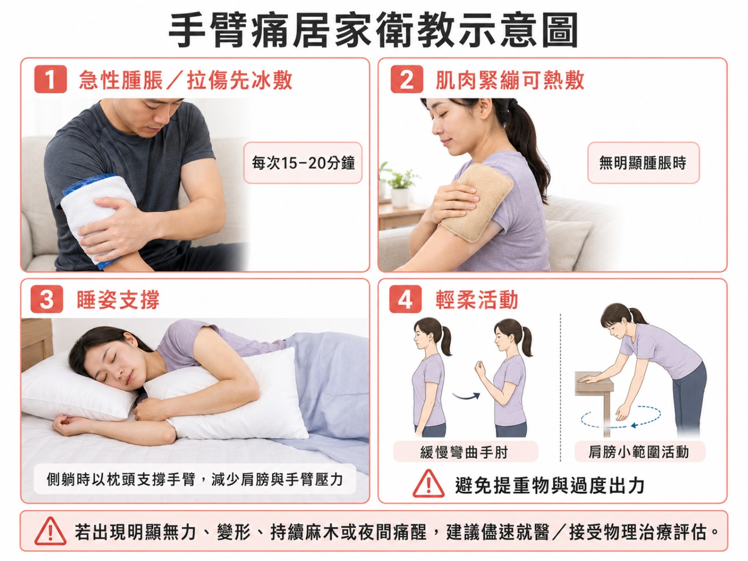 唯心運動醫療體系圖解：手臂痛居家衛教與舒緩示意圖