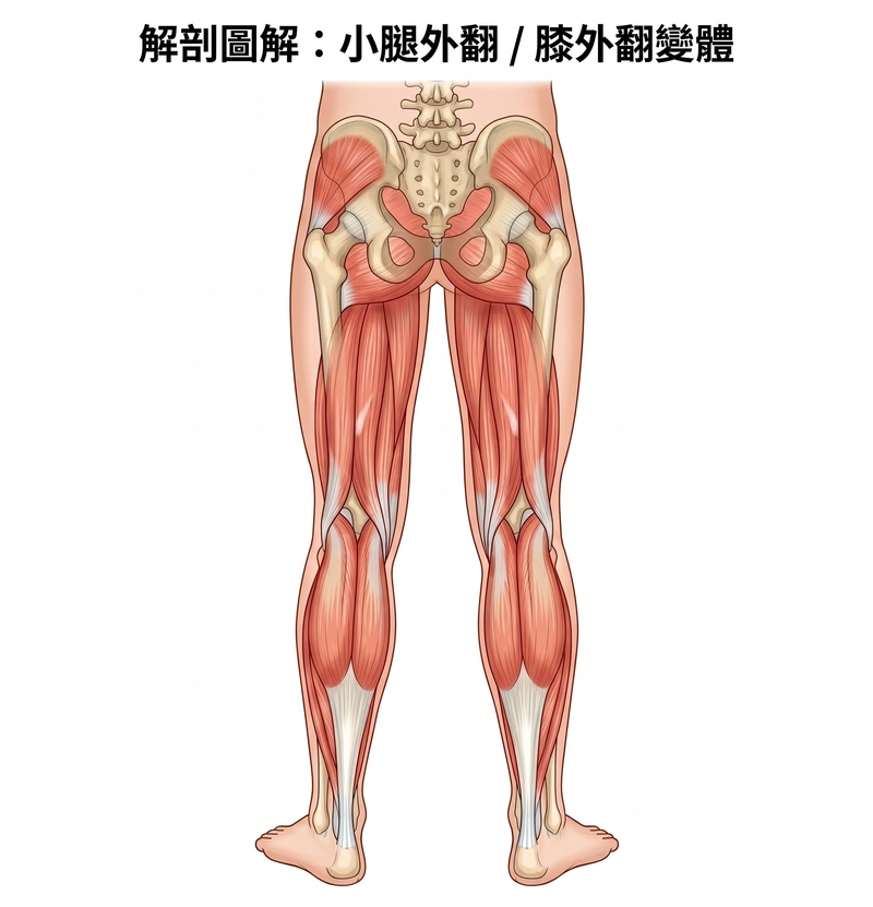 唯心運動醫療體系圖解：小腿外翻（膝外翻變體）解剖肌肉骨骼示意圖