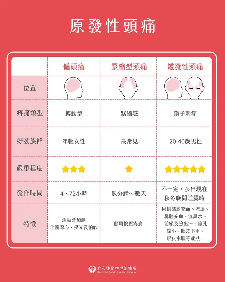 頭痛位置辨別圖：區分張力型頭痛、偏頭痛、叢集性頭痛與竇性頭痛的發作區域與疼痛特徵對照。